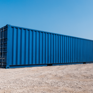 New one-trip 40ft high cube shipping container showing its full 12 metre length in an industrial yard