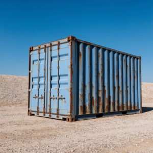 Used cargo worthy 10ft shipping container with faded paint and surface rust