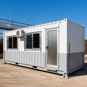 20ft container office with sliding windows, personnel door and external air conditioning unit