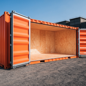 New 20ft side opening container with the full length of side doors swung open showing the empty interior