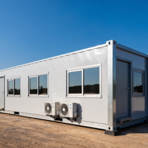 40ft multi-room container site office with four windows, two personnel doors and external air conditioning units