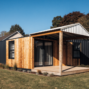 Granny flat built from two 20ft shipping containers joined side by side, with a covered timber deck and sliding doors